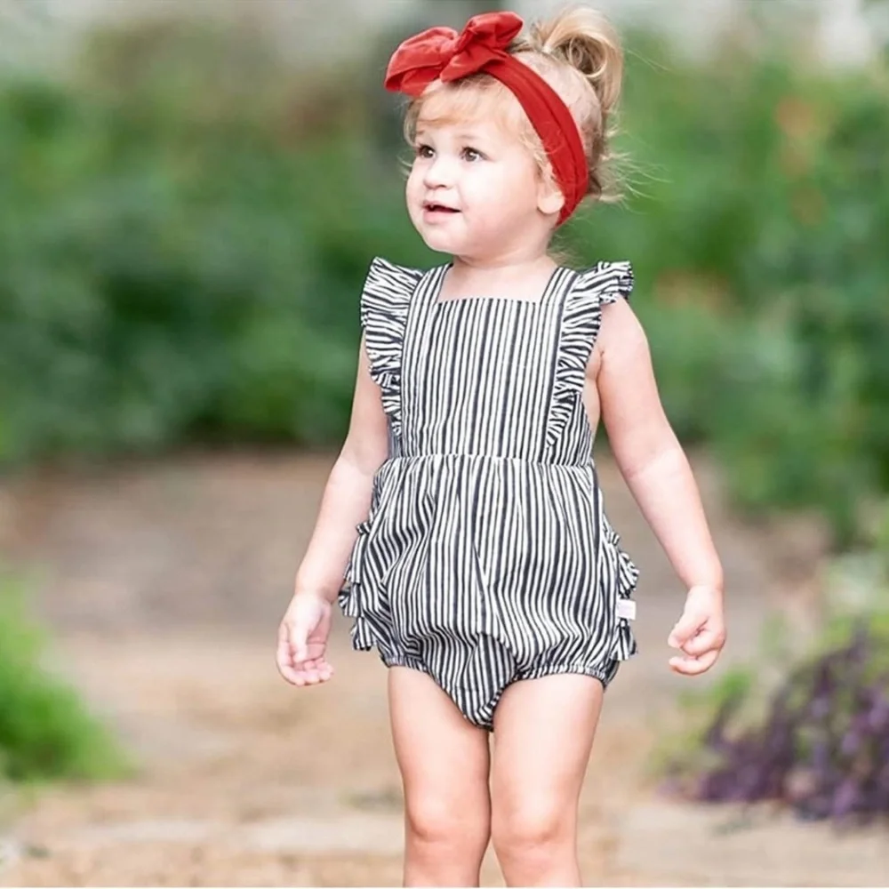 NWT Ruffle Butts Bella Aqua Blue Stripe Bubble Romper W/ Headband Sz 6-12M